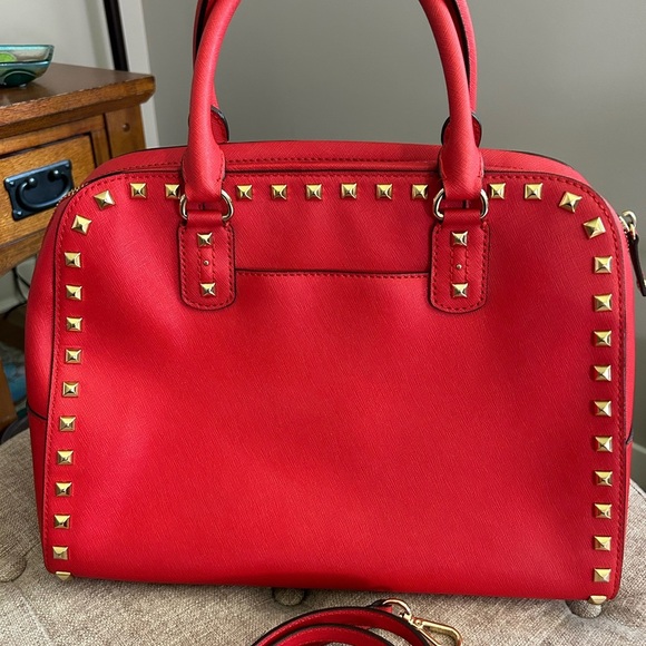 MICHAEL KORS Sandrine Gold Studded Satchel‎ Shoulder Bag/Purse Red - Picture 3 of 13